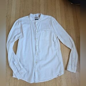 Blend Denim White Linen Blend Madarin Collar Casual Buttondown Shirt Size L